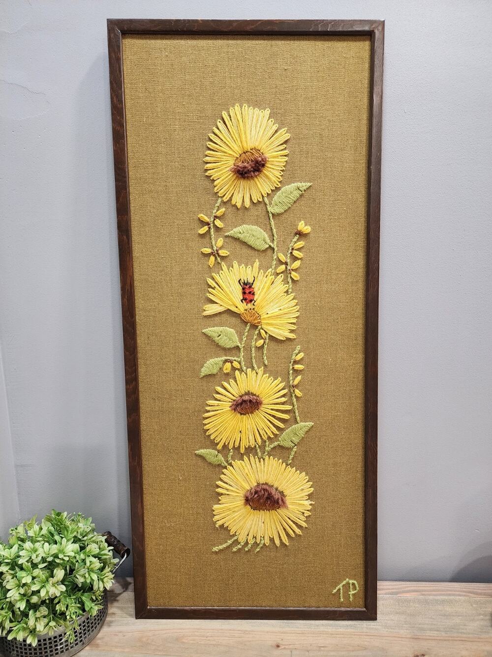 Vtg Sunflower Ladybug Crewel Yarn 3-D Art Cross Stitch Framed Wall Decor 33"x14"